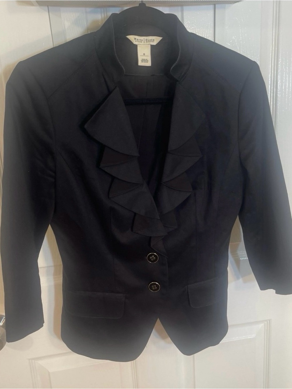 White House Black Market Black Ruffle-Front Blazer Size 6. Stand collar